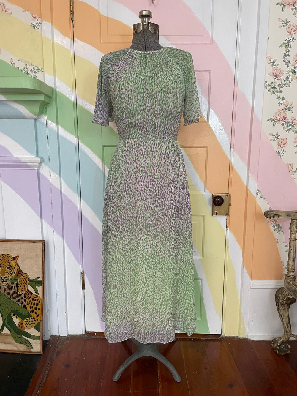 LK Bennett Elowen Royal Ascot Green Lilac Animal Print Midi Dress US 2